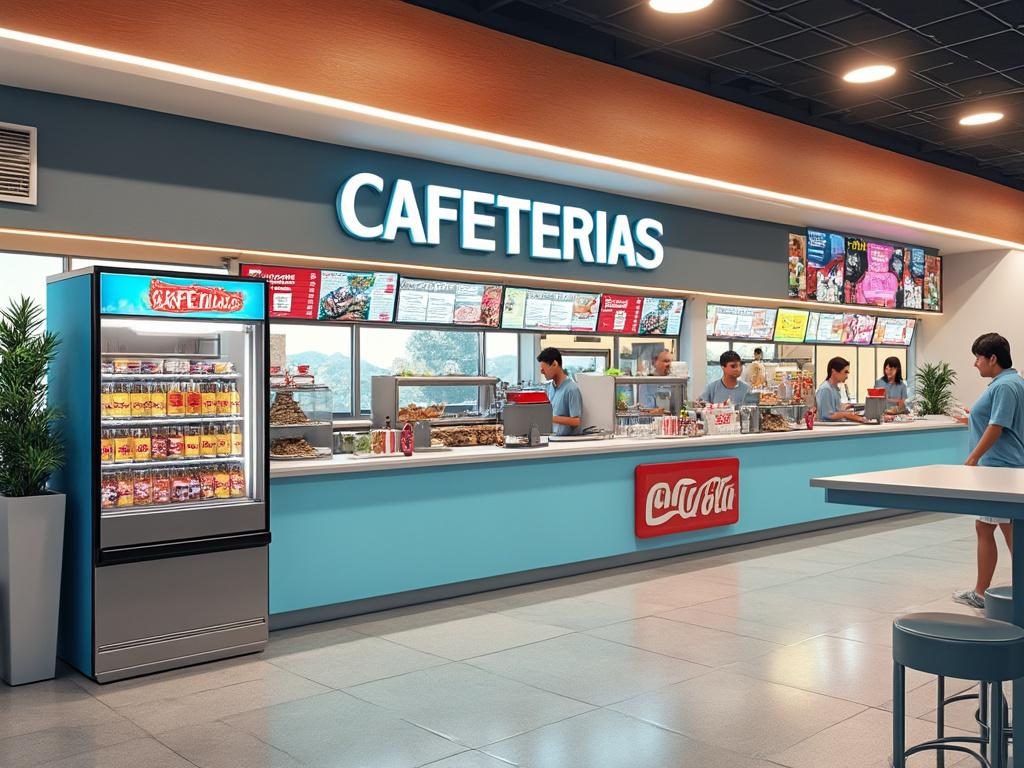 Vista interior de una cafetería moderna con personal atendiendo en el mostrador, exhibiendo productos y menú iluminado, junto a un refrigerador de bebidas.