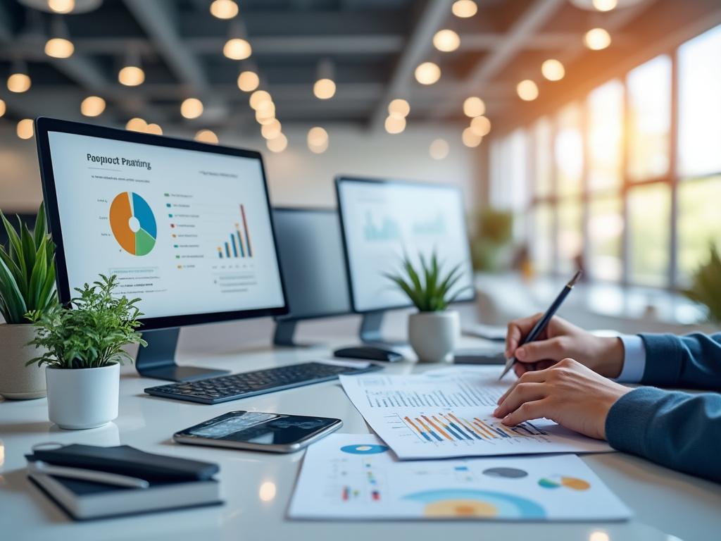 Oficina moderna con gráficos financieros en pantalla de computadora y persona escribiendo notas en un escritorio con plantas.