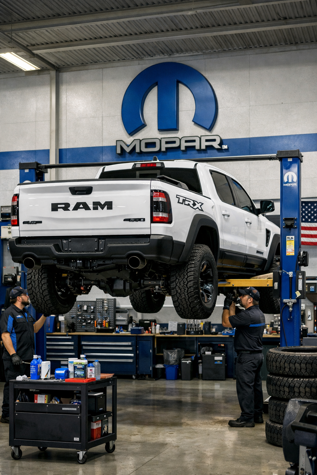 Camioneta RAM TRX blanca en un taller Mopar, elevada en una plataforma mecánica, con dos técnicos trabajando debajo.