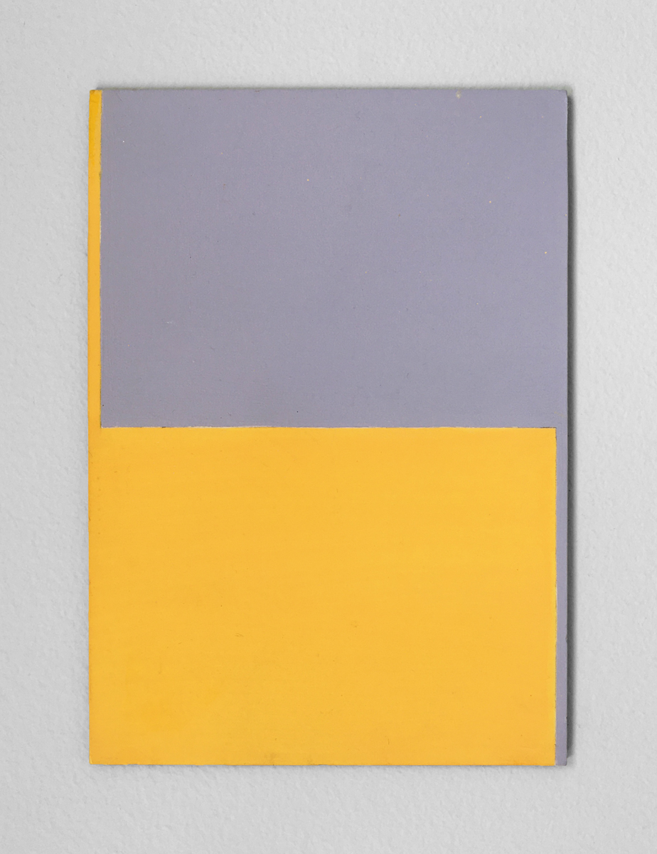 A small minimalist hard-edge geometric painting of yellow and grey rectangles.