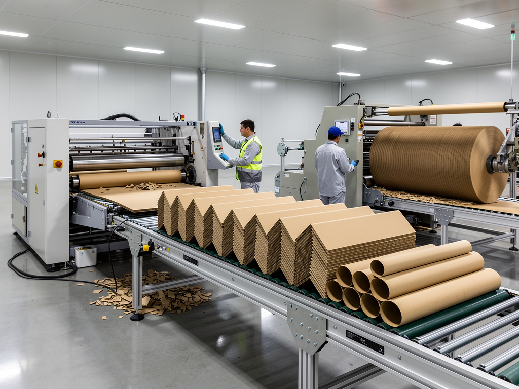 Línea automatizada de producción de cartón corrugado con operarios, maquinaria industrial y tubos de cartón en fábrica