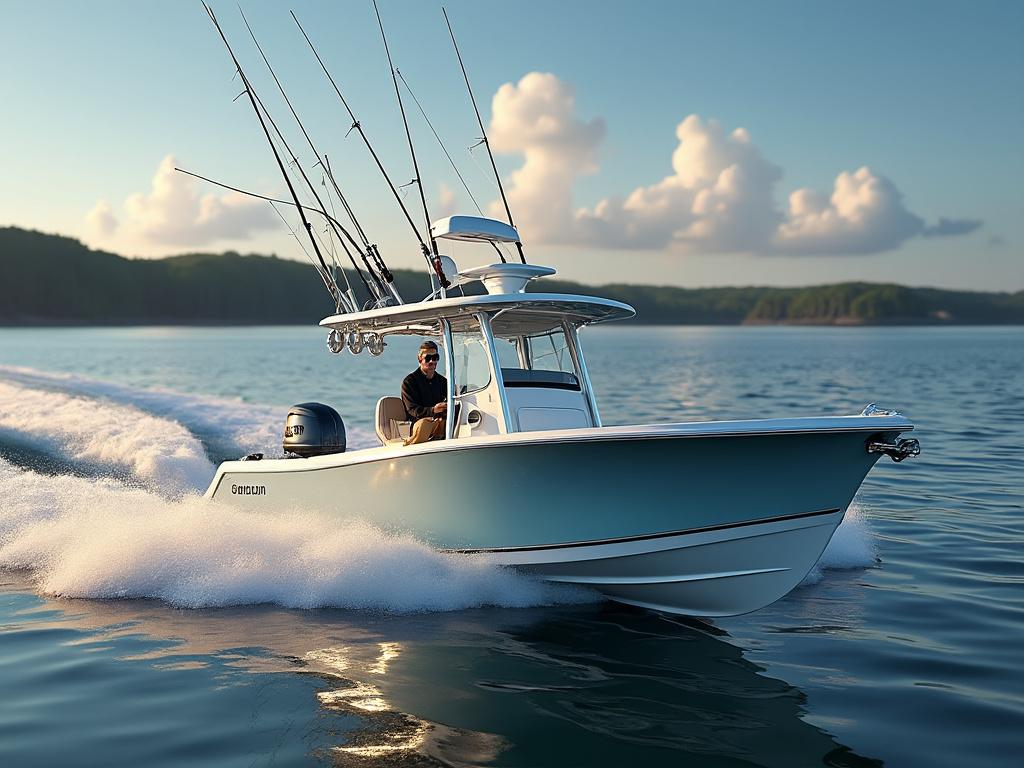 Lancha de pesca azul navegando en un lago al atardecer con cañas de pescar en la popa.