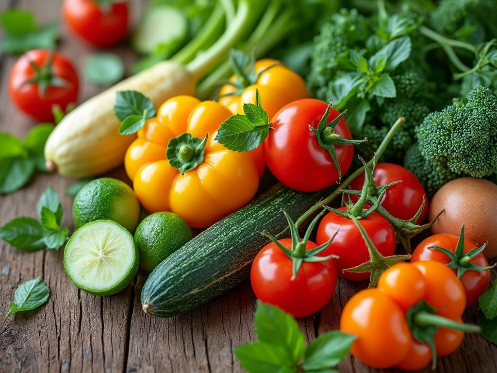Variedad de vegetales frescos incluyendo tomates, pimientos amarillos, calabacines, brócoli y limas sobre una mesa de madera.