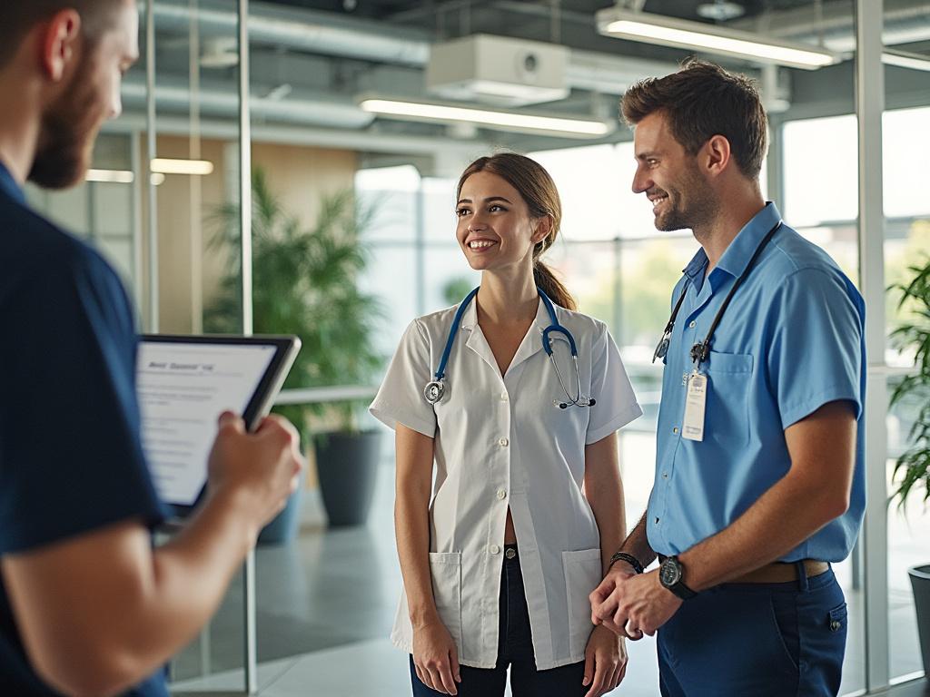 Three healthcare professionals in a modern clinic, two with stethoscopes, discussing over a tablet.