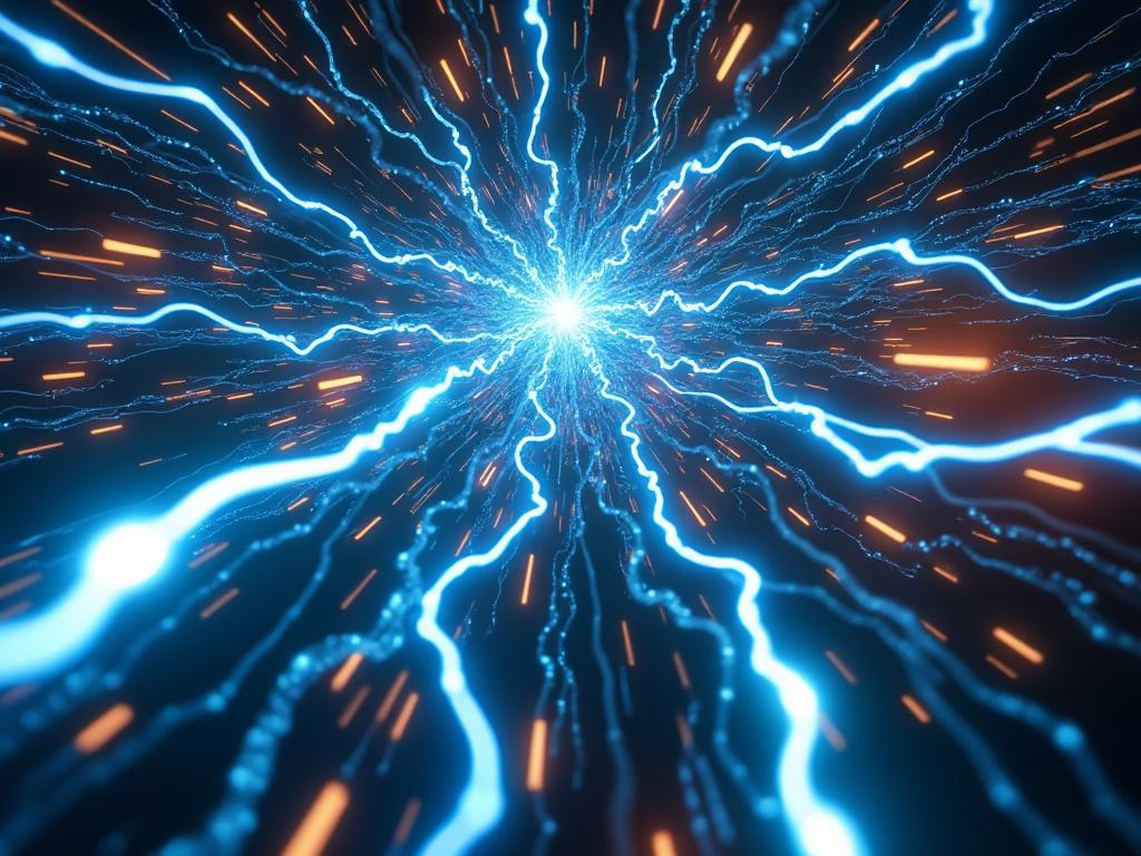 Explosión de energía con luces azules y naranjas en movimiento radial.