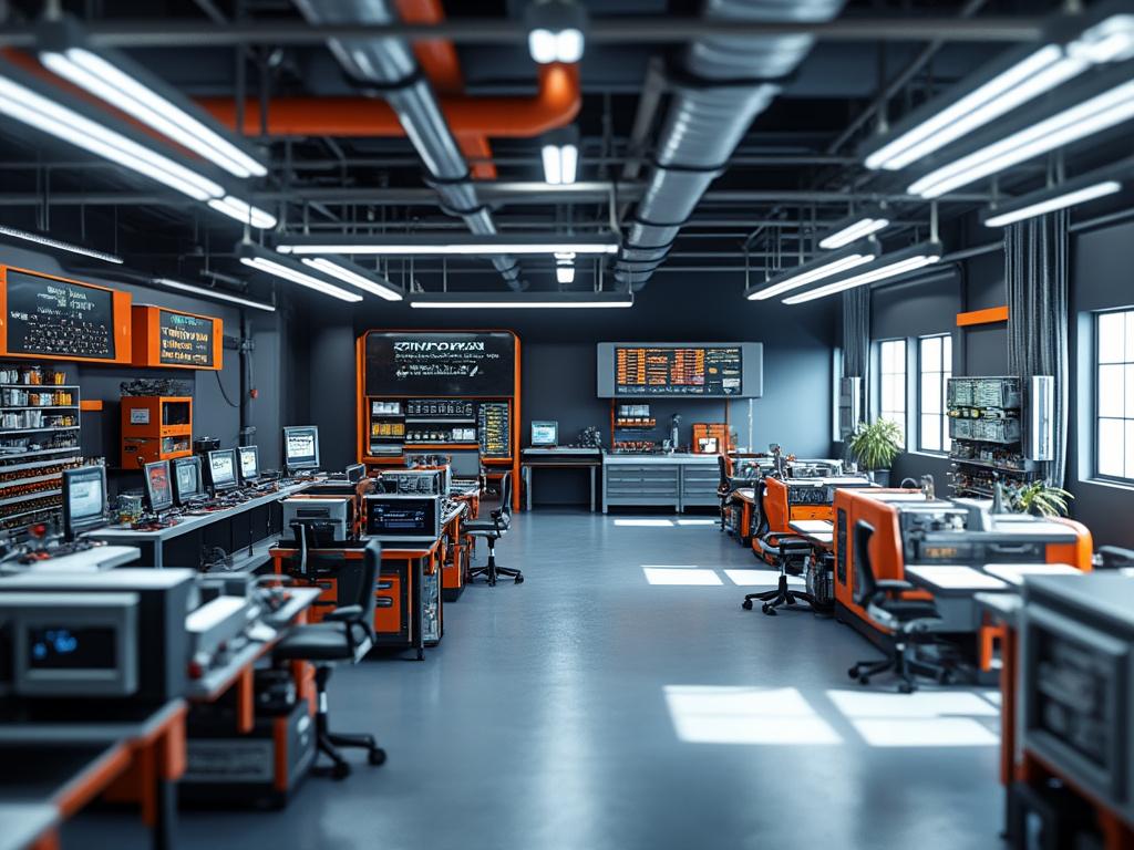 Laboratorio moderno de electrónica con estaciones de trabajo equipadas con monitores y equipo de alta tecnología.