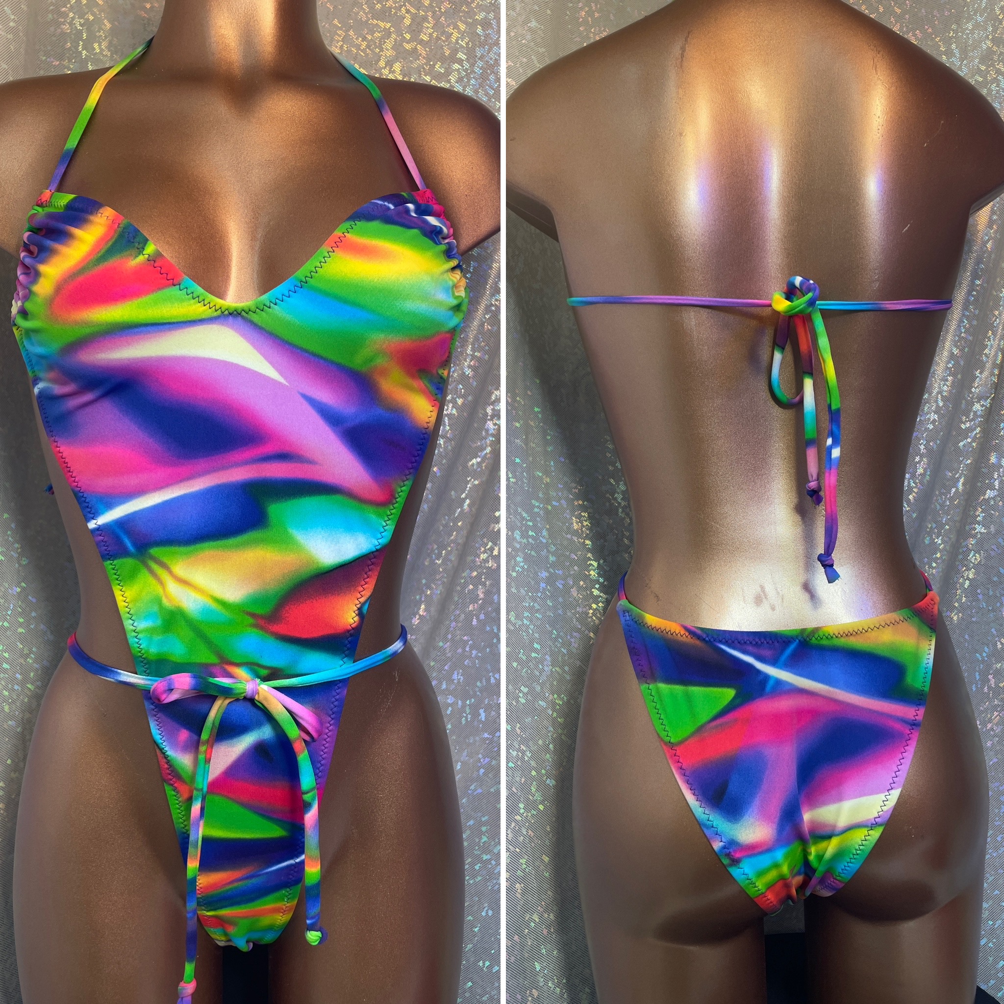 53.  Medium length tie one piece
French cut back
Watercolor print
$65