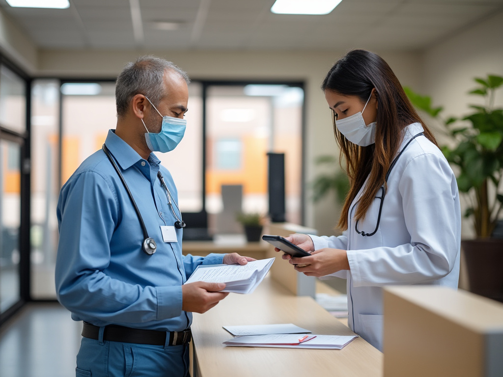 Dos médicos con mascarillas intercambiando documentos en una oficina.