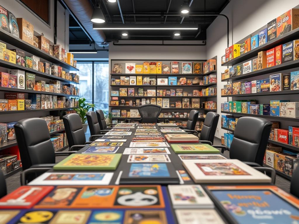 Sala de reuniones moderna con estanterías llenas de juegos de mesa y una mesa central con libros y juegos expuestos.
