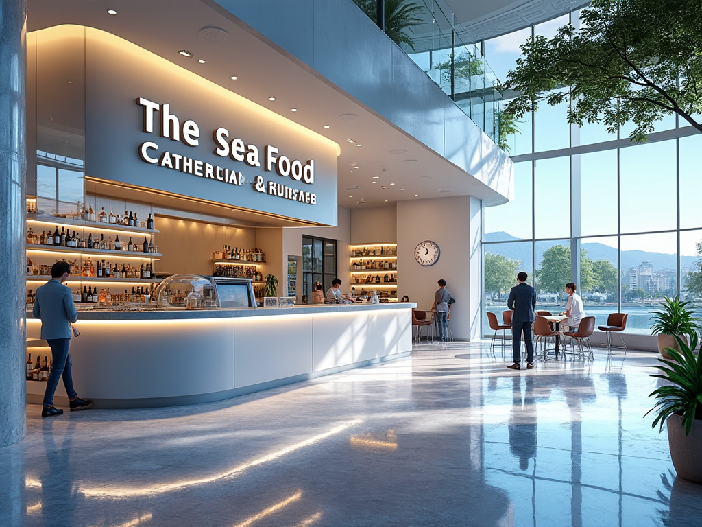 Interior de un restaurante moderno con grandes ventanales, mostrando una barra iluminada, clientes interactuando, y vistas panorámicas al exterior.