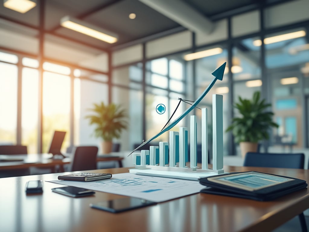 Modern office desk with financial growth chart, digital devices, and plant decoration.
