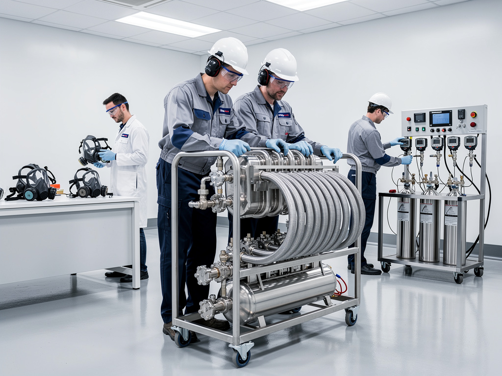 Técnicos con equipo de protección prueban sistemas de respiración y cilindros de gas en laboratorio industrial