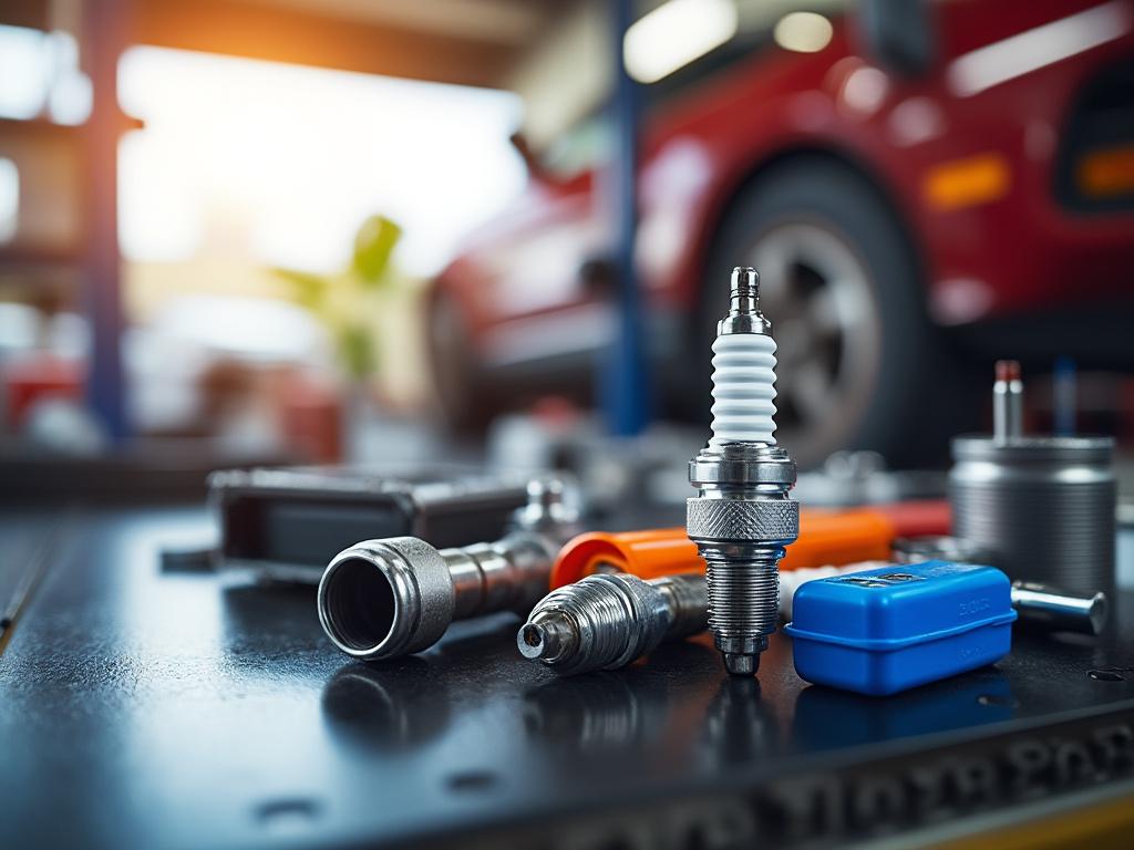 Primer plano de bujías y herramientas de coche en un taller mecánico con un auto rojo desenfocado en el fondo.