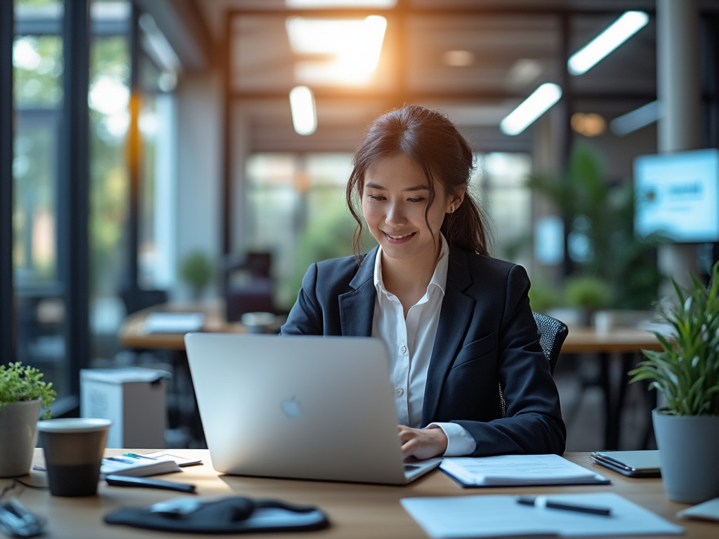 Young professional woman in a business suit working on a laptop in a modern office with plants and documents on the desk.