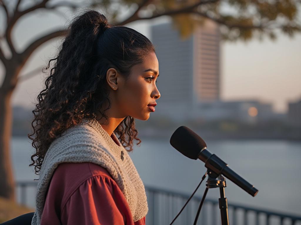 Young woman with curly hair speaking into a microphone outdoors, with a cityscape and river in the background during sunset.