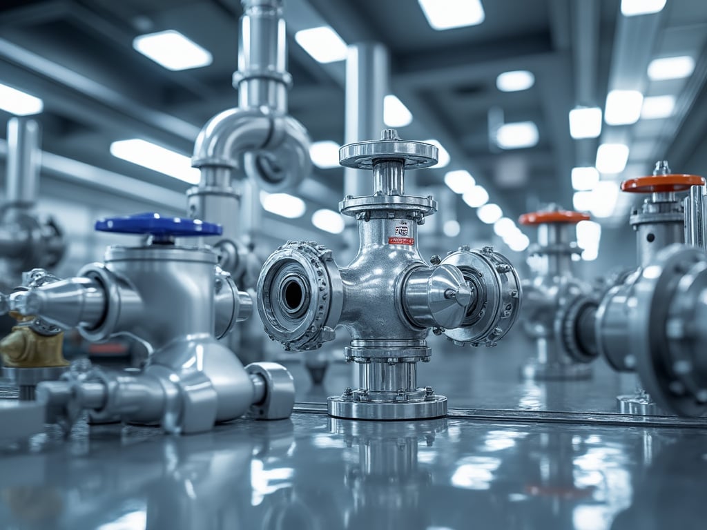 Primer plano de válvulas de acero inoxidable en una planta industrial, con fondo desenfocado.