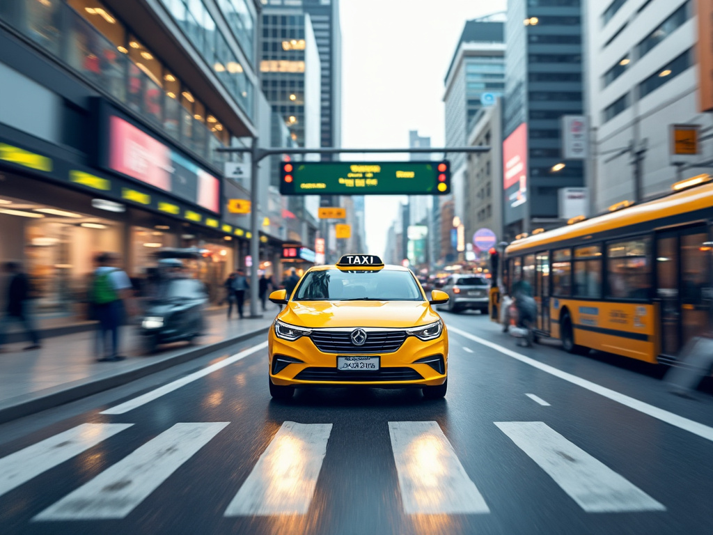 Taxi amarillo en una calle urbana concurrida con rascacielos y autobús lateral, enfoque al tráfico y movimiento.