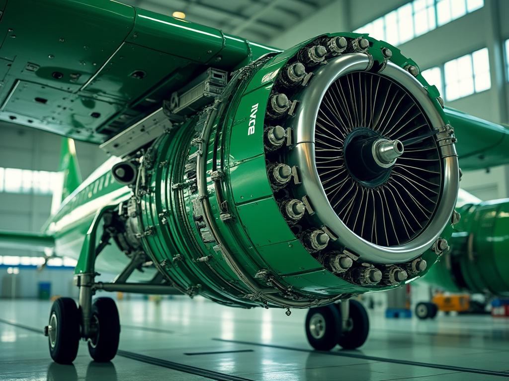 Vista cercana de un motor de avión verde estacionado en un hangar iluminado.