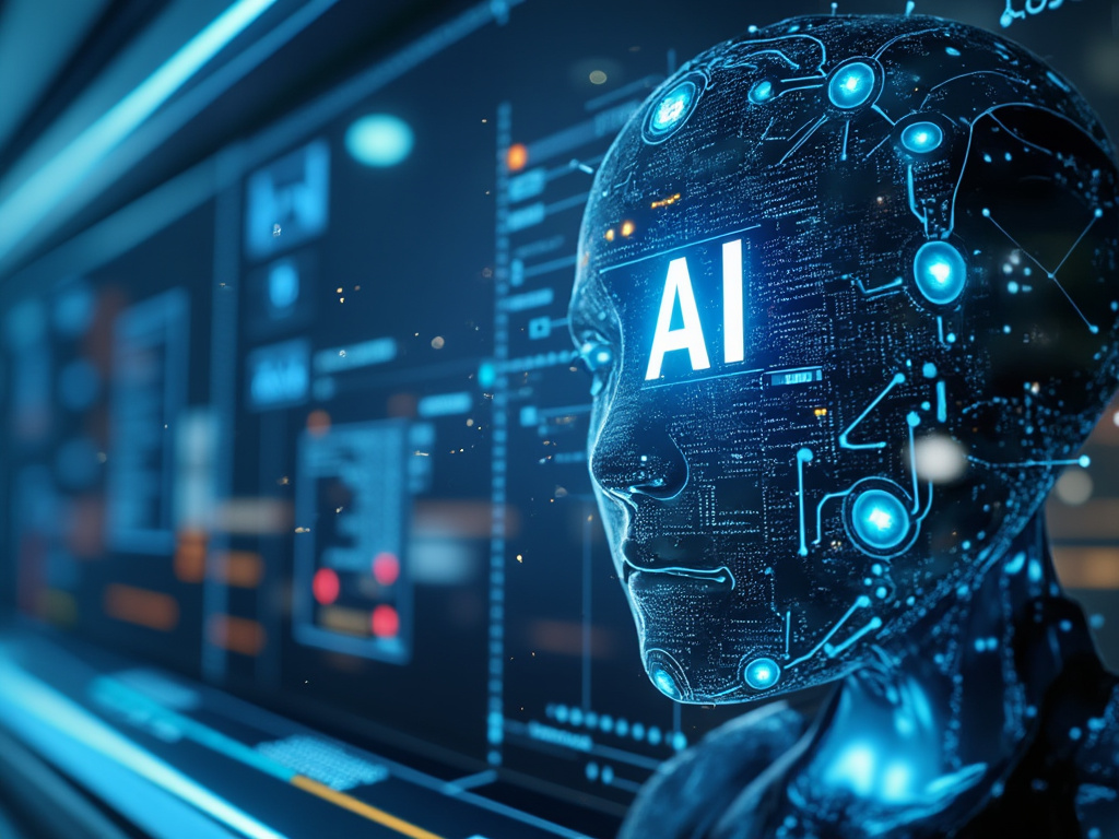 Representación digital de la cabeza de un robot con elementos de inteligencia artificial iluminados en azul.