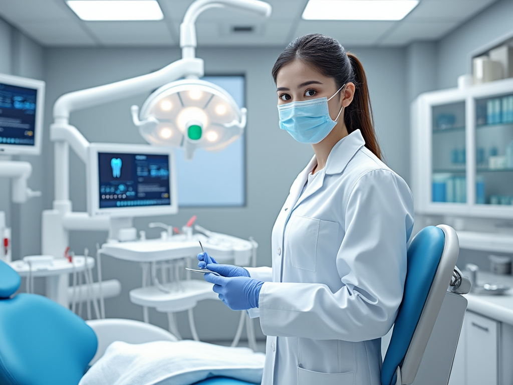 Dentista con mascarilla y guantes en una clínica dental moderna, con equipo dental visible y pantalla de monitor dental.