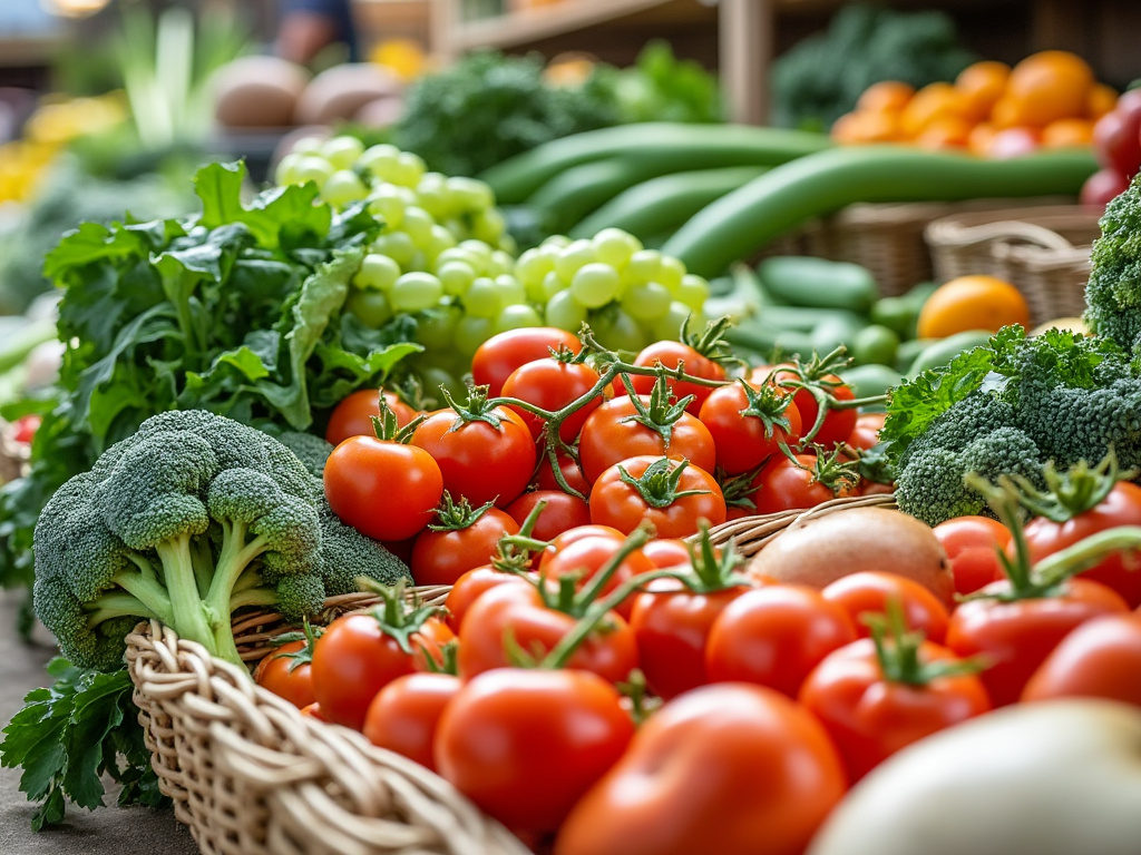 Cesta de verduras frescas con tomates, brócoli y uvas en un mercado agrícola.