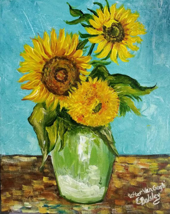 Sunflowers in Green Vase (After Van Gogh), 8"x10" Acrylic on Canvas Board