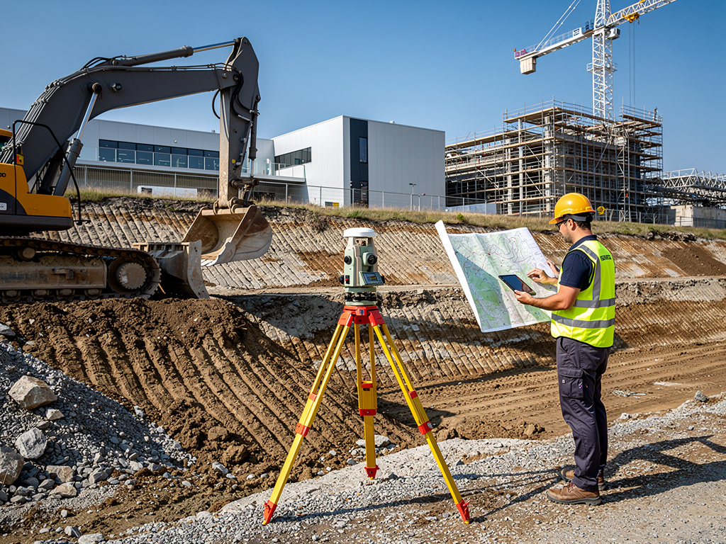 Topógrafo con casco y chaleco revisa planos junto a estación total, excavadora y grúa en obra de construcción