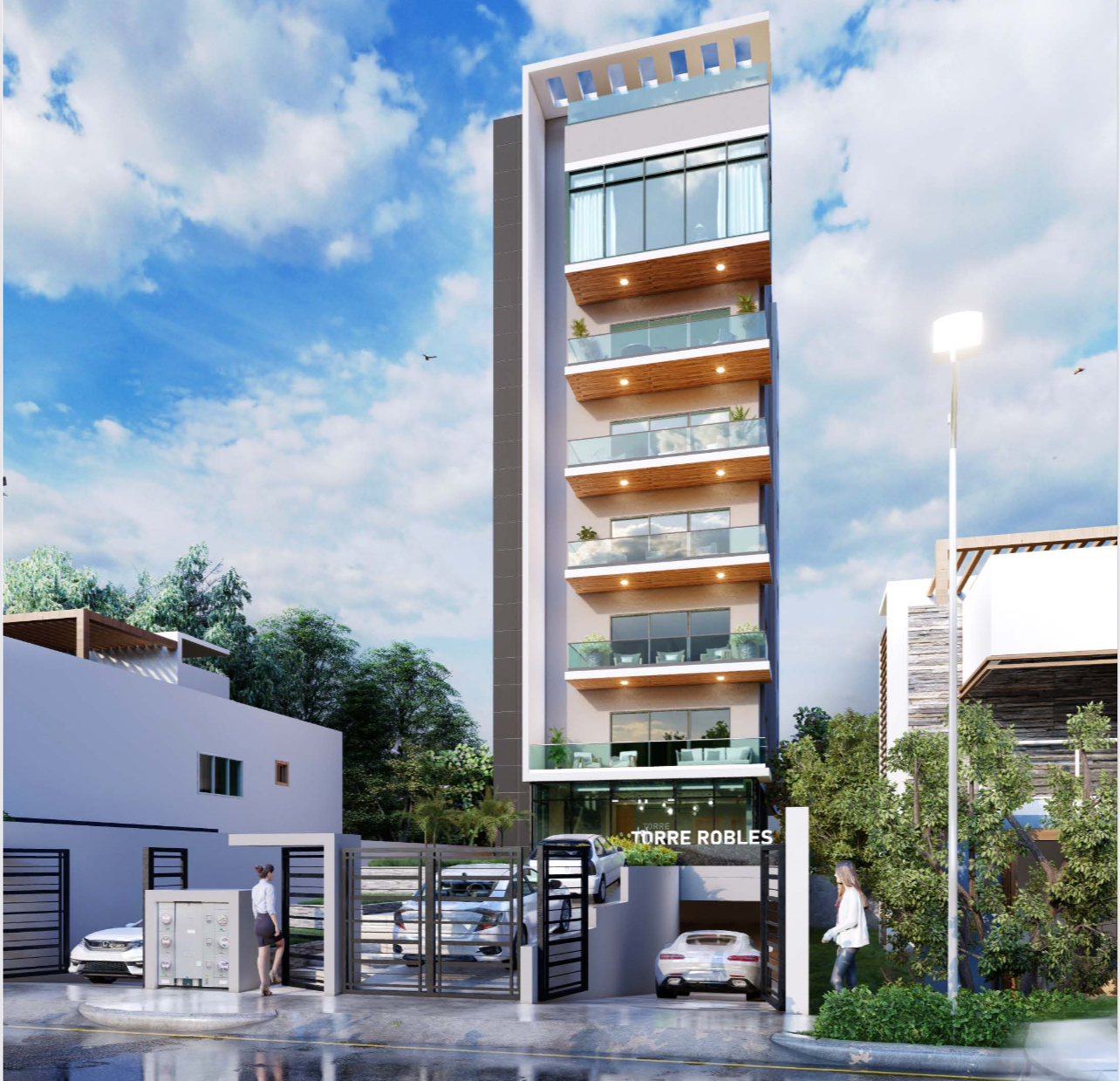 Sala de estar moderna con sofá gris, cojines naranjas, planta decorativa y ventana panorámica con vista urbana.