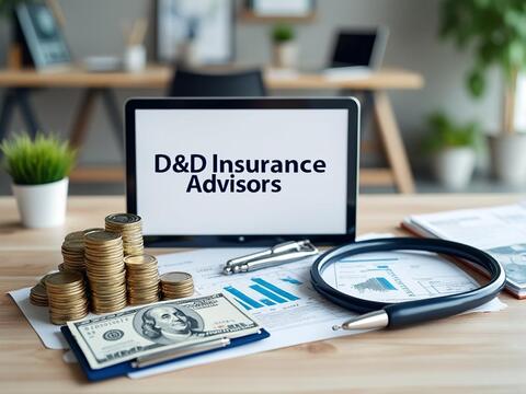 Pantalla de tableta mostrando 'D&D Insurance Advisors', junto a monedas apiladas, billetes de dólar y gráficos financieros sobre un escritorio. Pantalla de tableta mostrando 'D&D Insurance Advisors', junto a monedas apiladas, billetes de dólar y gráficos financieros sobre un escritorio.