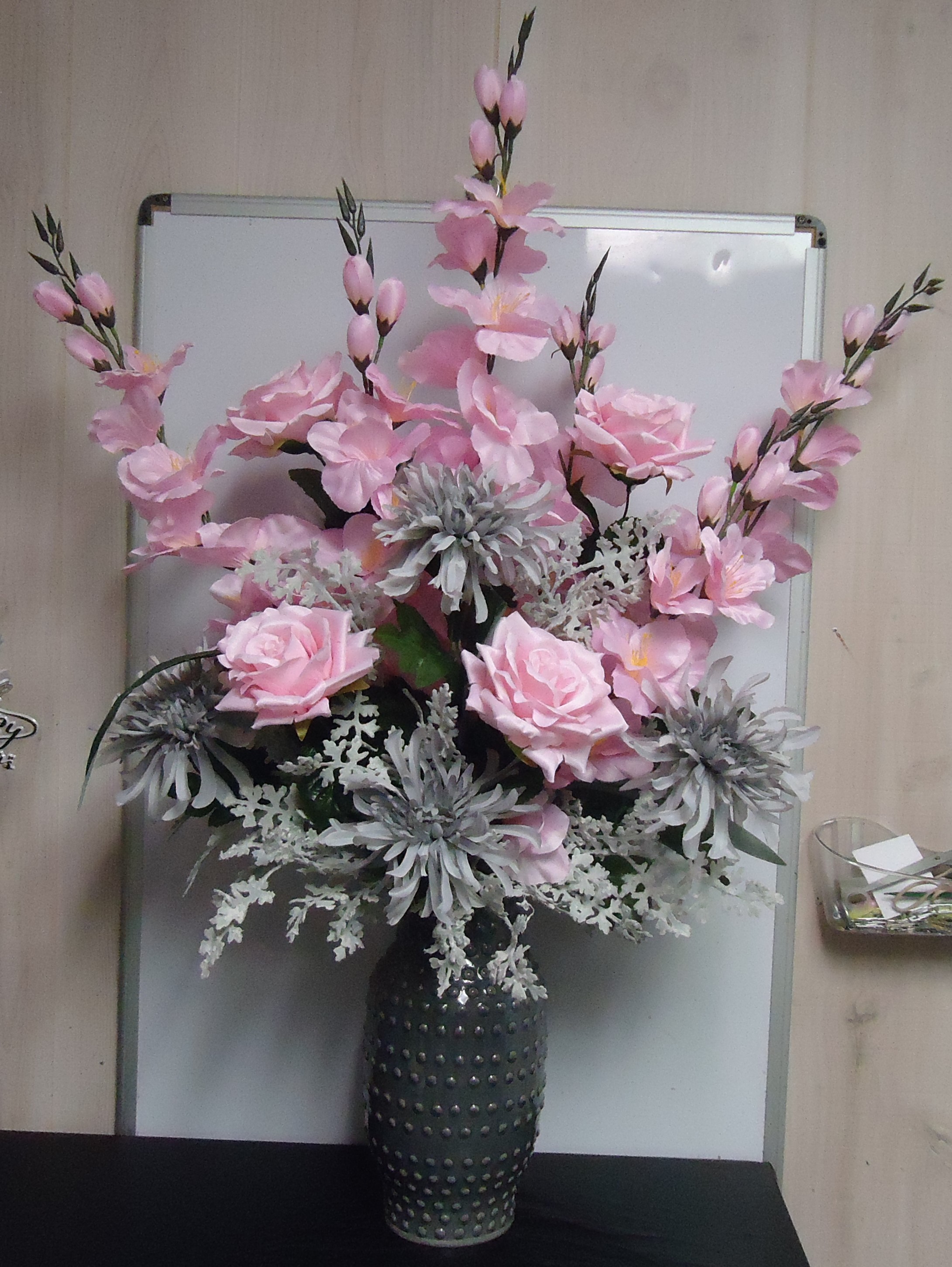 (9) "Silk" Vase Arrangement
(Pink & Gray Mix)
$85.00