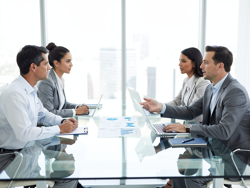 Equipo de negocios en reunión corporativa con portátiles y gráficos financieros en oficina moderna