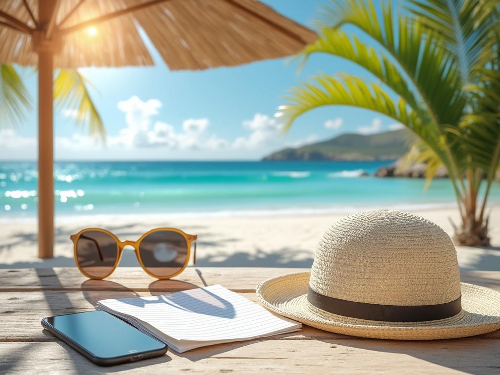 Escena de playa tropical con sombrero de paja, gafas de sol, cuaderno y teléfono sobre mesa de madera bajo sombra de palmeras.
