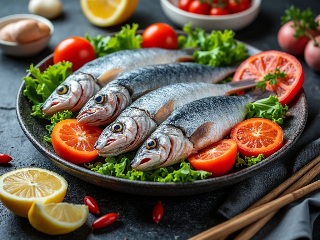 Tres pescados frescos en un plato con rodajas de tomate y lechuga, rodeado de limón, tomates cherry y utensilios de cocina.