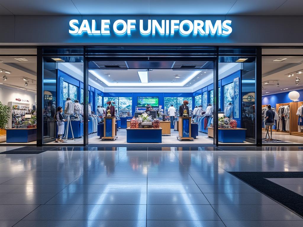 Tienda de venta de uniformes con escaparates iluminados y variedad de ropa en exhibición.