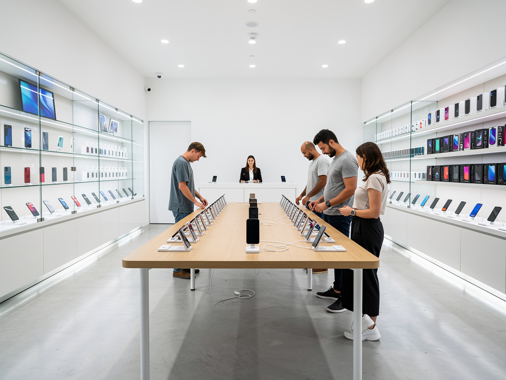 Clientes probando smartphones y dispositivos en una tienda de electrónica moderna con vitrinas iluminadas