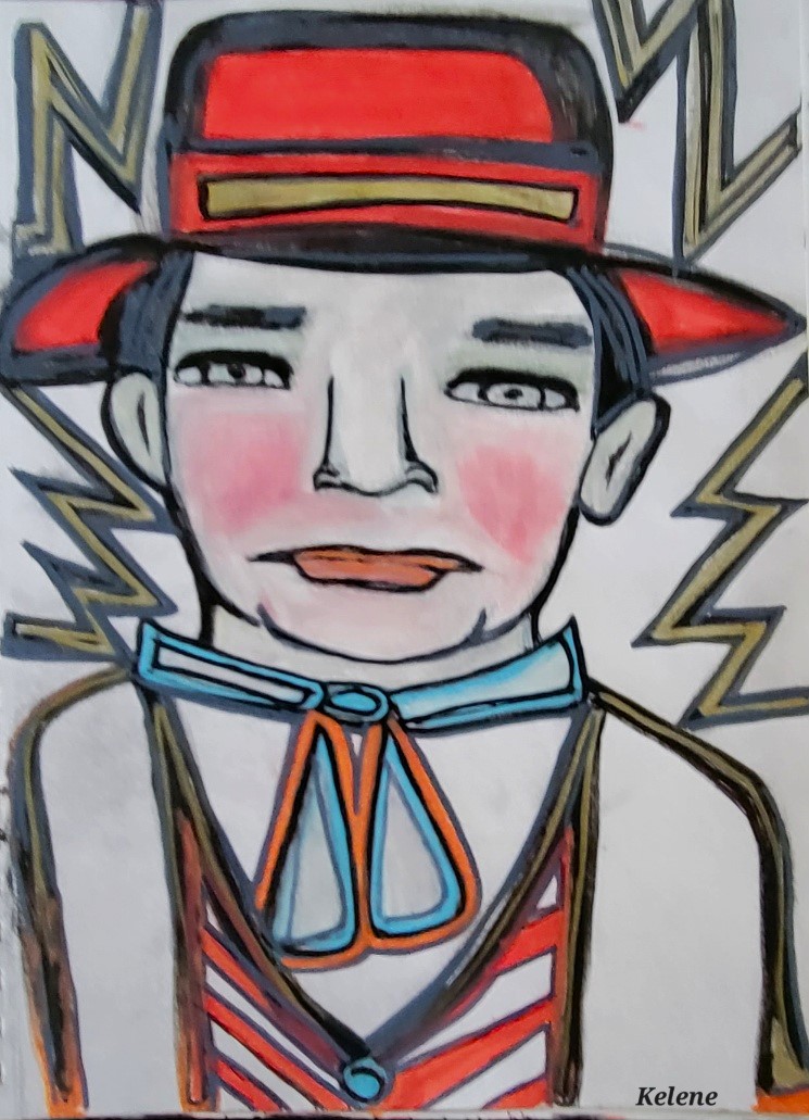 Title: Man in Red Hat. 12 x 14 paint and pen on paper. Kelene 2022 $100.00