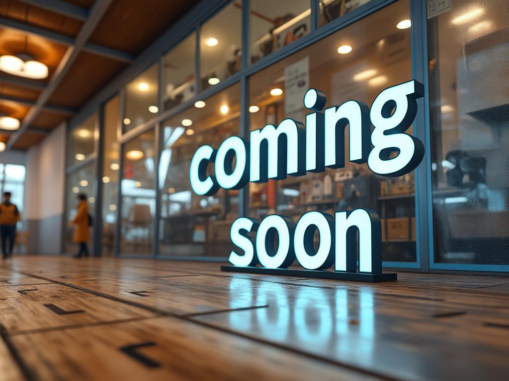 Illuminated 'coming soon' sign outside a modern store with glass windows and two people walking by.