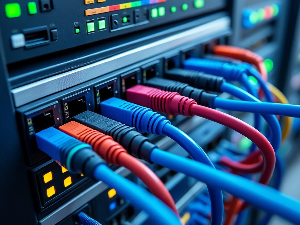 Colorful ethernet cables connected to a server rack in a data center.