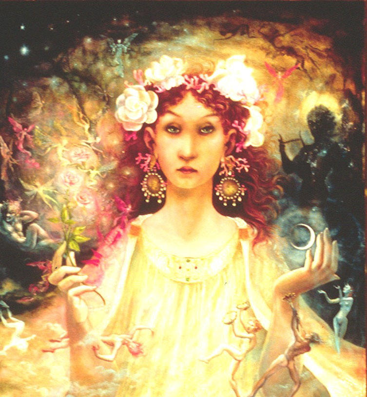Title: Titania. Artist: William Girard. Marc Doubleday Collection. Oil painting. Circa 1981. 
(It is most unfortunate that this image is so poor.) “Titania” is the queen of the fairies, in Shakespeare's "A Midsummer Night's Dream" from which this image is derived.   On her left, even with her head, is a "dark Oberon," the artist's description. (Oberon was Titania’s husband, king of the fairies.) This painting was originally a portrait of the artist’s wife, Bonnie. Marc Doubleday, the painting’s first owner, obtained the portrait on the condition that Bill might “finish” it when he was ready. After Bonnie left Bill for another man, a close friend of theirs, I have been told, Bill eventually reclaimed the painting from Marc and turned it into the image seen here. 
This image, I believe, tells a far more poignant tale than is initially obvious.  In Shakespeare’s play, Oberon plays a mean trick on Titania. He has her enchanted so that she falls deeply in love with a man upon whom a spell was placed, giving him the head of a donkey (i.e., ass).
In the parlance of the mid-20th century, the artist’s sexuality was that of a “fairy.” It was a terribly derogatory term. Nonetheless, I believe that Bill identified with it as his knowledge of myth and mythology gave him a far broader perspective than the narrow-minded view afforded by vulgar usage. 
Thus Bill, here, makes himself out to be the “dark Oberon.” Why? Because he, too, played a trick on his wife, causing her to fall in love with another. In his case, the “trick” was to have married her knowing that because of his sexual preferences, they were mismatched.  Their story was, of course, far more complex and nuanced and blame or self-blame seems inappropriate. But that is not necessarily how it felt to Bill at that time. 
In retrospect, I am certain that Bill knew that the two largest moons of Uranus, are Titania and Oberon, respectively. In short, both orbit “your anus.” This anally-oriented humor would certainly have used in the gender preference sub-culture he was steeped in.  Thus, Bill’s use of moons to identify Oberon and Titania, was also a sly reference to gender and gender issues, not merely a trite symbol associated with fairy tales.
Titania and Oberon appear, I believe, in multiple Girard paintings, often accompanied by a symbolic full or crescent moon, like the one in Titania’s left hand here.
