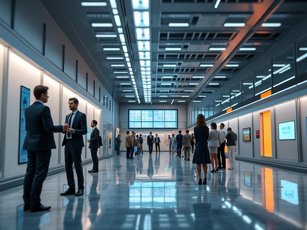 Personas en un moderno pasillo de oficina con pantallas digitales y luces brillantes. Personas en un moderno pasillo de oficina con pantallas digitales y luces brillantes.