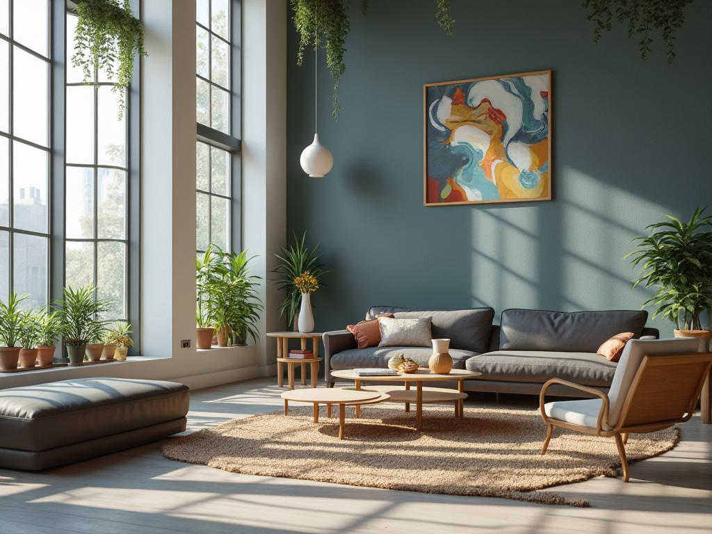 Modern living room with large windows, blue walls, abstract painting, gray sectional sofa, coffee table, indoor plants, and a cozy atmosphere.