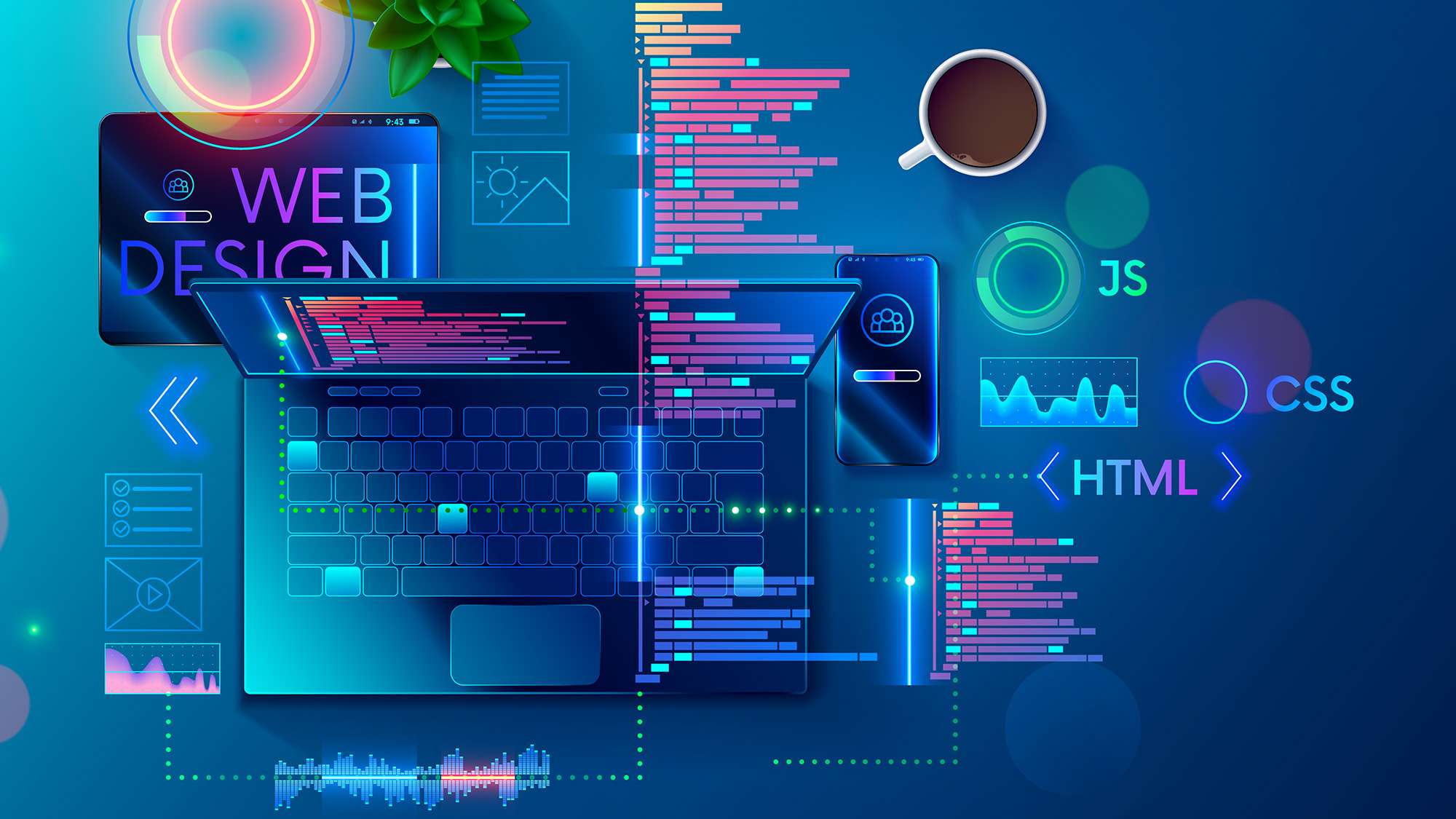 Diseño web con código en una computadora portátil y un móvil, iconos de HTML, CSS y JS en fondo azul tecnológico.