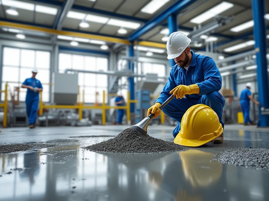 Trabajador de construcción en uniforme azul recogiendo arena con una pala en una fábrica iluminada, con un casco amarillo en el suelo.