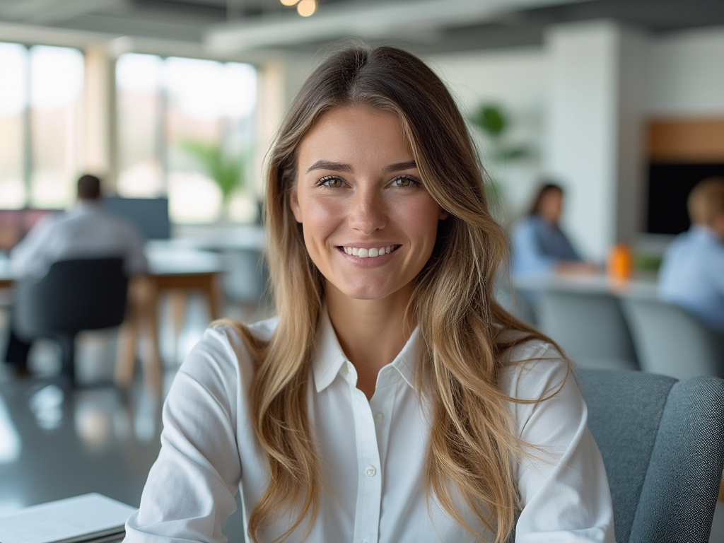 Smiling woman in a white shirt sitting in a modern office setting with colleagues and plants in the background.