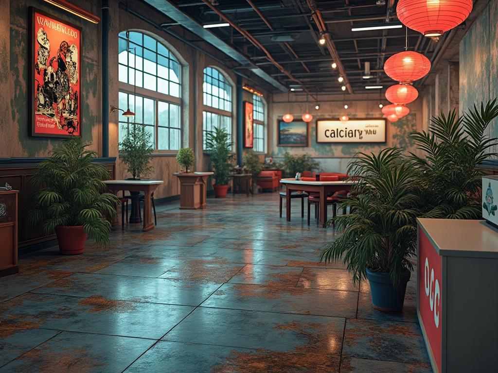 Industrial-style cafe interior with large windows, red lanterns, vibrant plants, and vintage posters.