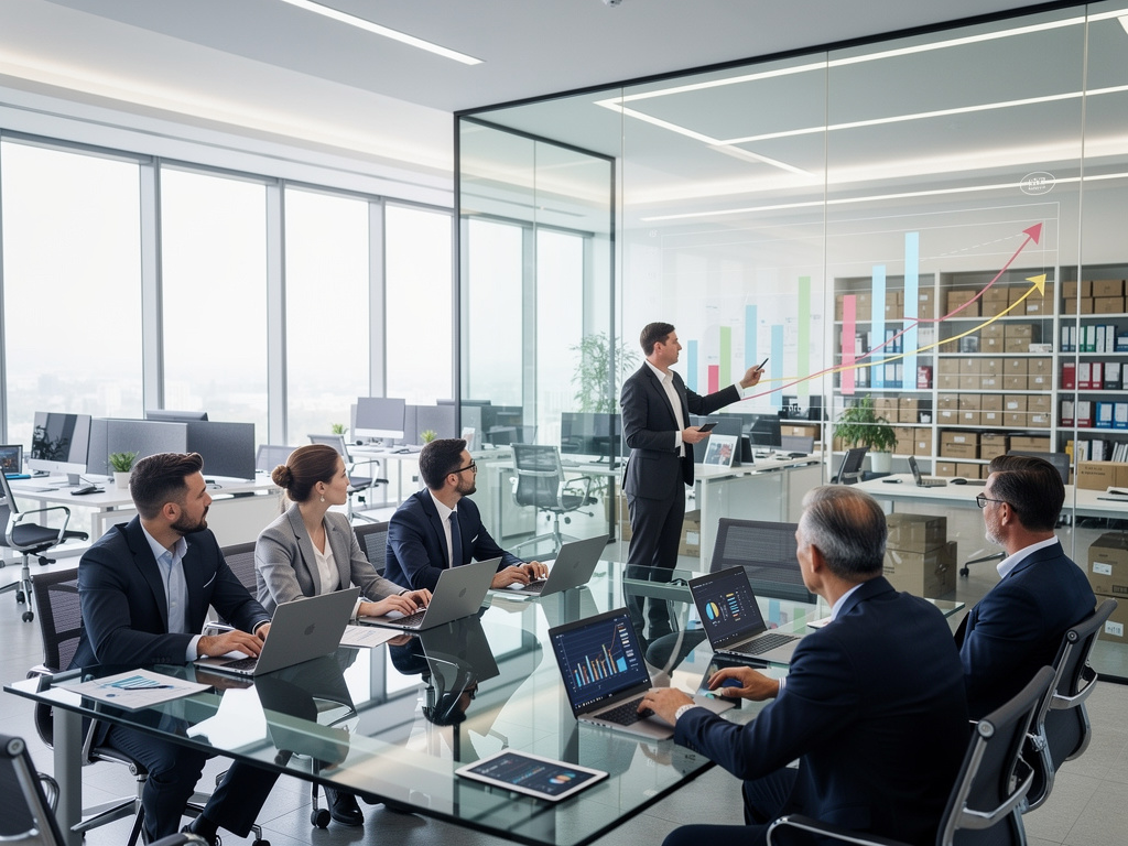Reunión de negocios en oficina moderna con presentación de gráficos de crecimiento y análisis de datos Reunión de negocios en oficina moderna con presentación de gráficos de crecimiento y análisis de datos