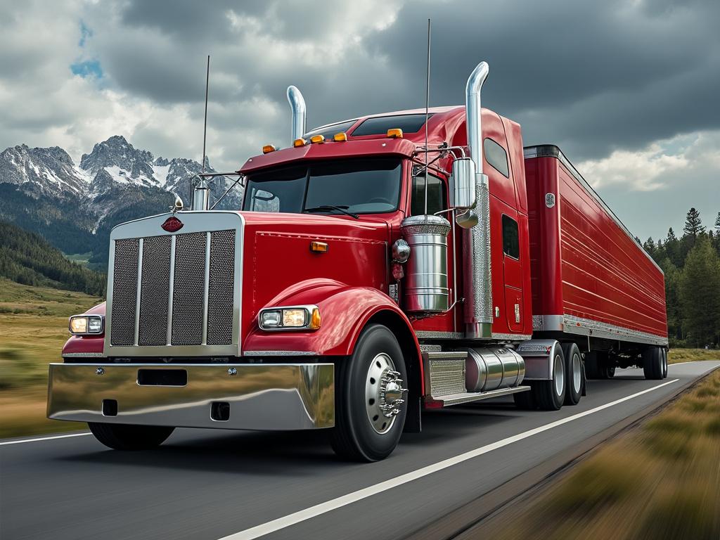 Red semi-truck driving on a highway with mountainous landscape background.