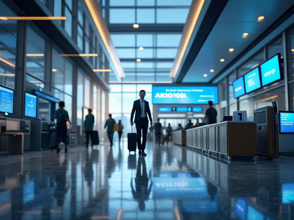 Business traveler walking through a modern airport terminal with glass walls and digital flight information displays.