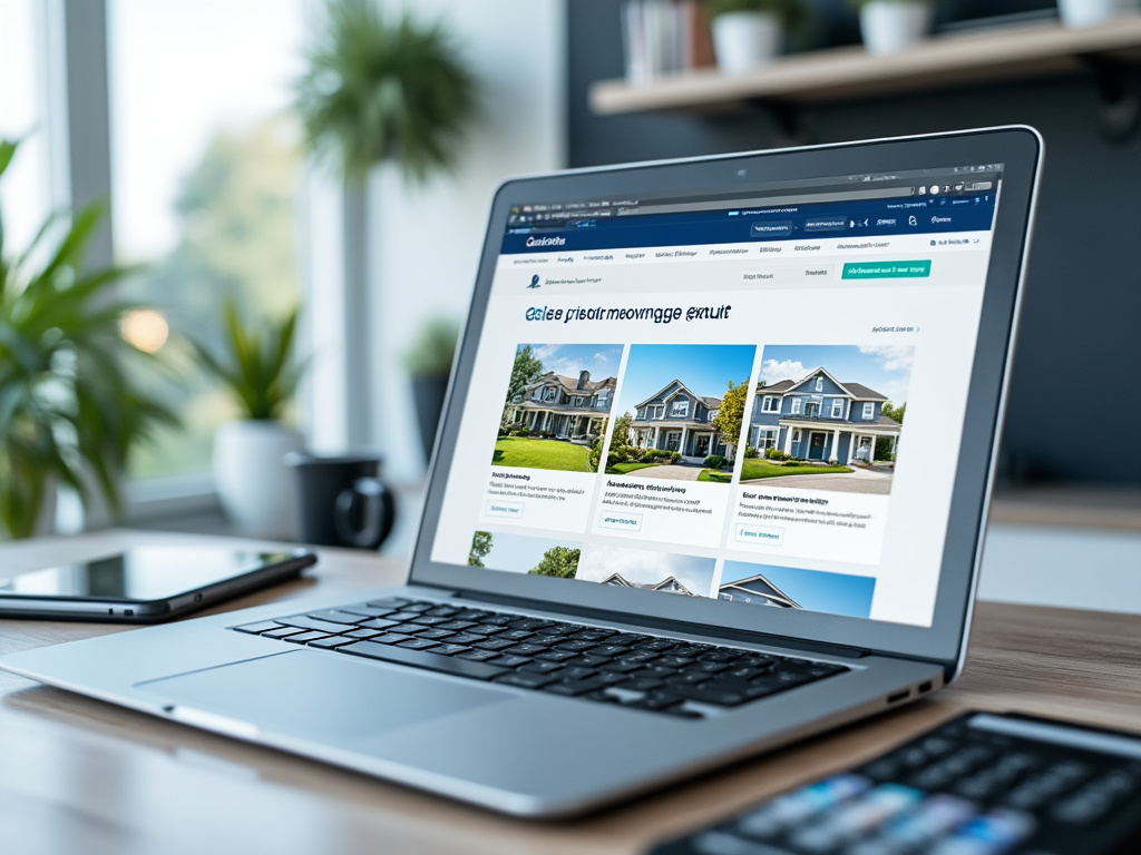 Portátil en un escritorio con un sitio web de bienes raíces mostrando imágenes de casas en la pantalla.