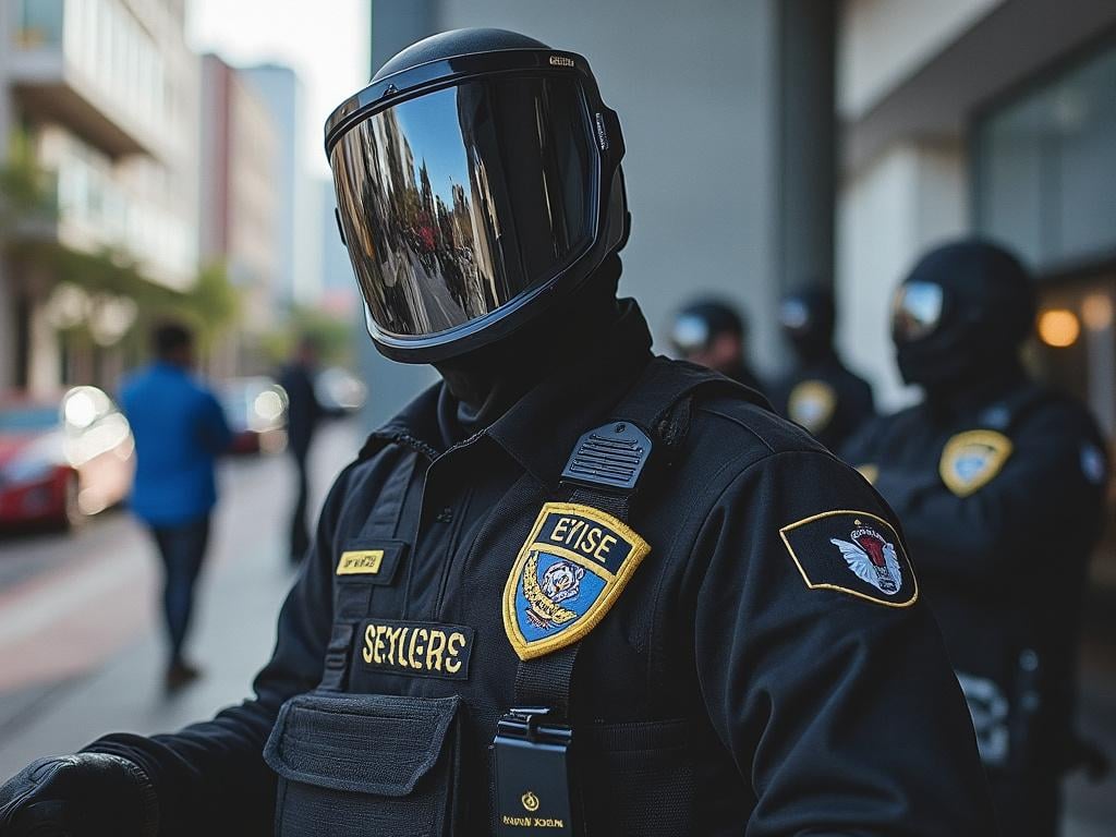 Oficial de policía con uniforme táctico y casco con visor reflectante en una calle urbana.